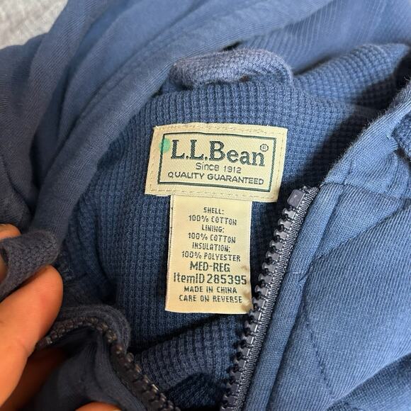 LL Bean Quilted Thermal Hooded Jacket Men M Blue Full Zip Heavy Hoodie Warm - Picture 4 of 4